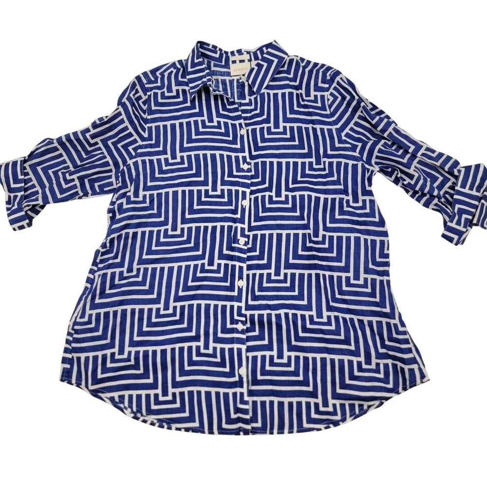 Chicos No-Iron 100%Linen Shirt Womens 3 Blue White Geometric Greek Key Button Up